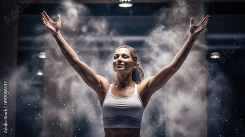 A female athlete in the gym claps her palms with talcum powder flying around. photo