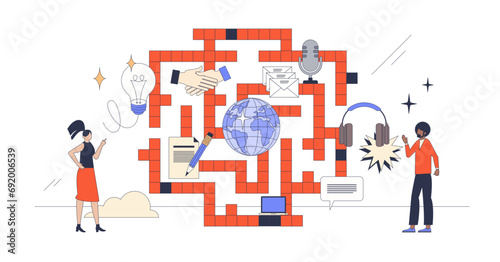Challenges and complexities of business communication retro tiny person concept, transparent background. Agreement or deal closure process with customer discussion maze illustration.