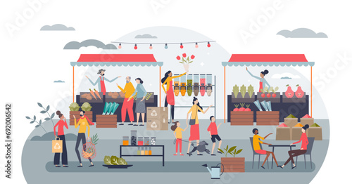 Community care marketplace as local market for all society tiny person concept, transparent background. Local food store with volunteers and farmers illustration.