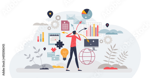 Decision exhaustion and various options choice fatigue tiny person concept, transparent background. Feel mental anxiety from dilemmas and difficult business decisions illustration.