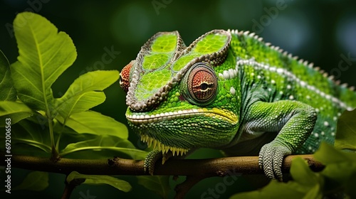A close-up of a chameleon camouflaged among the vibrant green leaves, blending seamlessly into its surroundings.