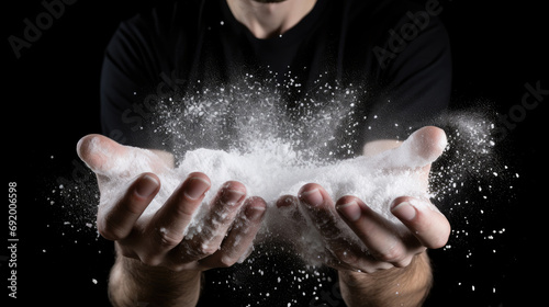 Hands hold talc powder for sports on a black background.