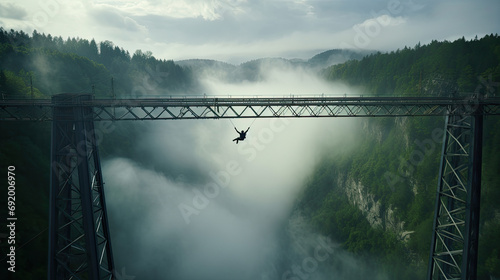 Bungee jumping sportsman jumps from a metal railway bridge over a foggy gorge. photo