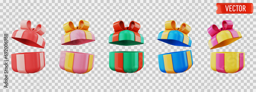 Set of 3D open gift box with colorful ribbon bow isolated on transparent background.Different colors Realistic open gift box for present,christmas,birthday or wedding banner.Vector illustration eps 10