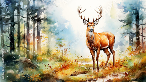 Young deer in a beautiful forest. Watercolor illustration of a deer in a natural environment. Watercolor painting of a beautiful image of a deer in a forest forest landscape on a sunny day in autumn.