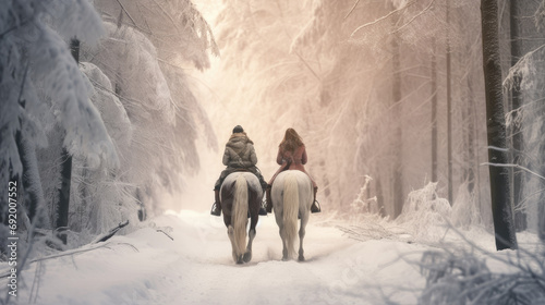Rear view of two riders on horses riding along a road through a snowy forest. photo