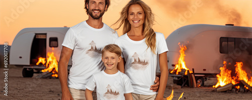 Family with two children taking selfie with caravan against background. Camping caravan adventure concept.