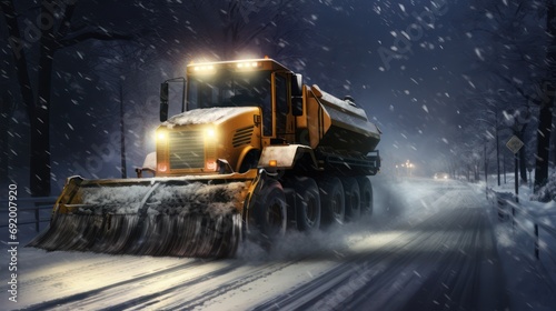 Snow plow truck in action, on winter snowy road.