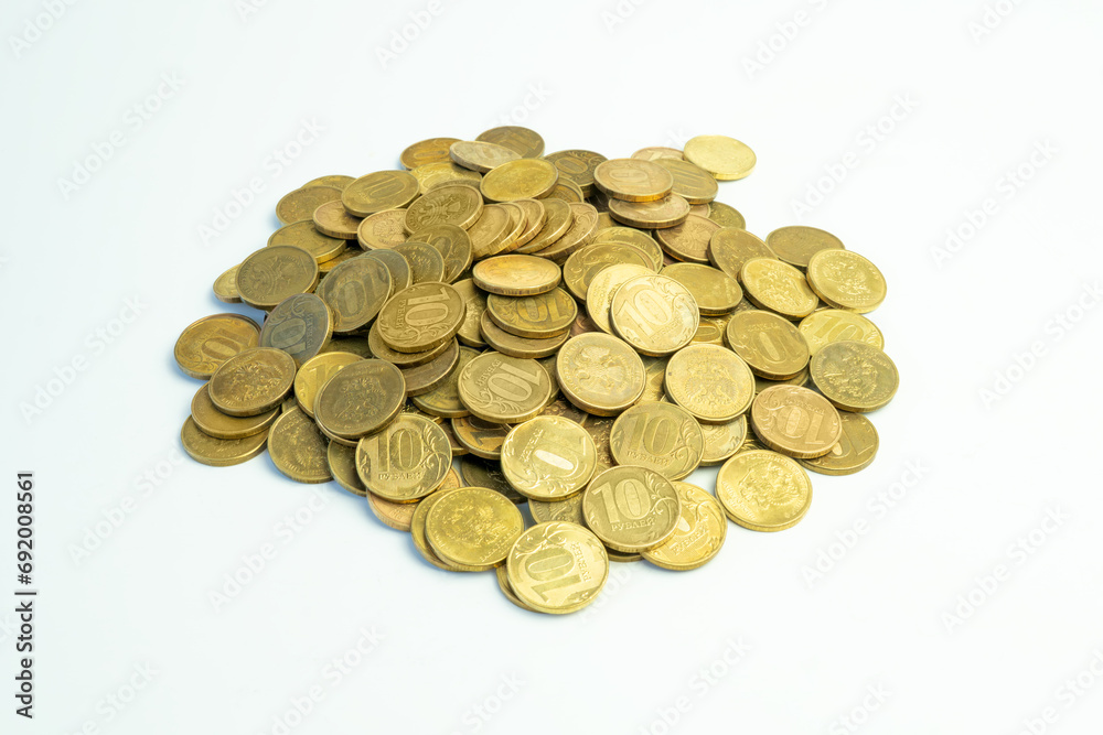 Iron 10 rubles coin written ten rubles, the Bank of Russia on white background. Finance and business concept Iron 10 rubles coin written ten rubles, the Bank of Russia on white background. Finance and business concept