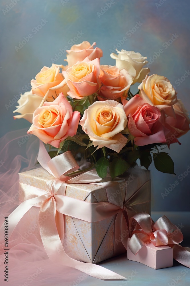 beautiful roses and gift box, rendered in impressionism style, copy space, generative ai