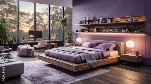 Inviting and cozy  this bedroom features vibrant purple walls  a large window for natural light  and stylish furniture including a cushioned couch and throw pillows