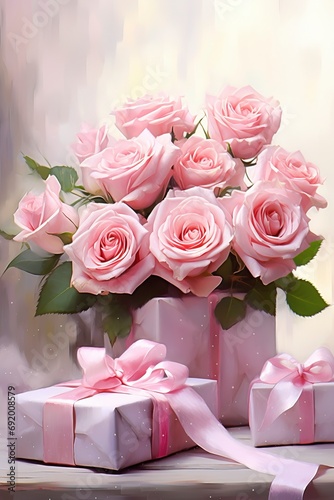 beautiful roses and gift box  rendered in impressionism style  copy space  generative ai