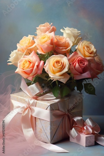 beautiful roses and gift box  rendered in impressionism style  copy space  generative ai