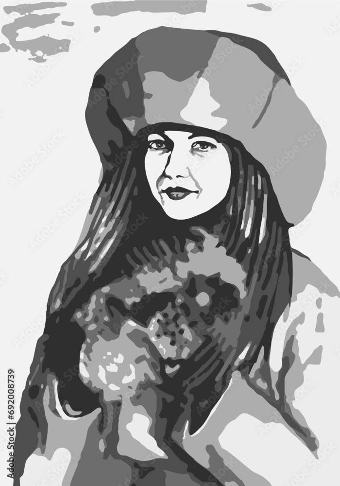 Фэнтезийный рисунок в оттенках серого молодой женщины с длинными волосами в зимней одежде и меховой шапке. Векторный рисунок художника #iThyx