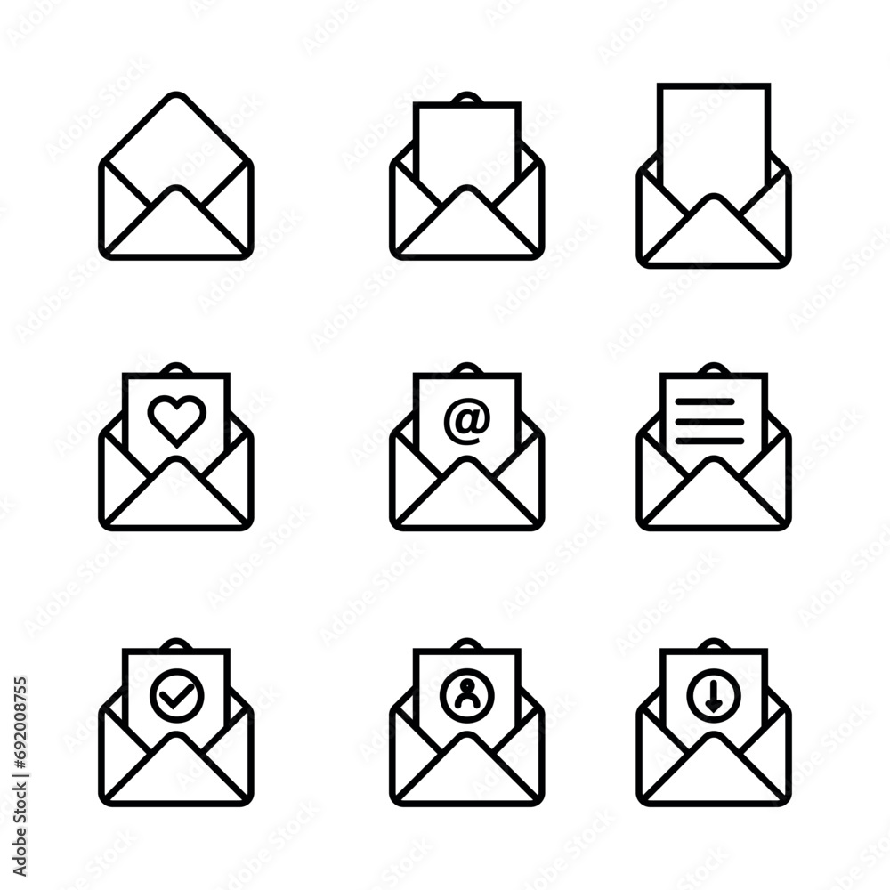 Mail envelope icon set. Closed envelope, open with a letter, with a check mark and email. Mail envelope icon set. Closed envelope, open with a letter, with a check mark and email.