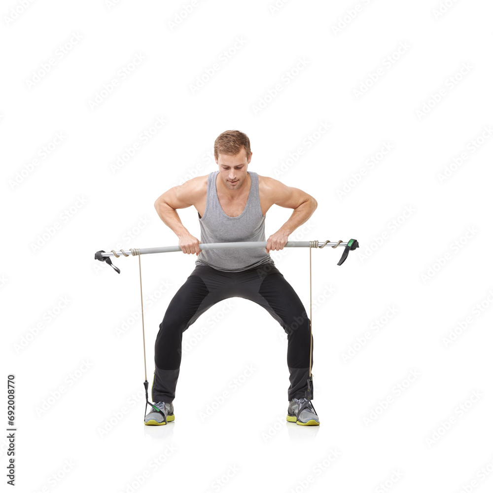 Fitness, workout and resistance band with a strong man in studio isolated on a white background for health. Gym, exercise or performance and a young athlete training with equipment for wellness Fitness, workout and resistance band with a strong man in studio isolated on a white background for health. Gym, exercise or performance and a young athlete training with equipment for wellness