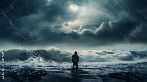 Lonely man looks at the stormy sea photo