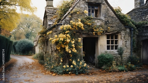A charming cottage nestled among autumn trees  its windows framed by a colorful garden of yellow flowers