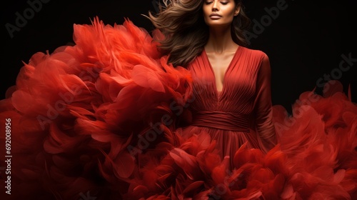 A stunning woman adorned in a fiery red dress exudes elegance and confidence as she stands before us, a true work of art brought to life through intricate costume and fashion design