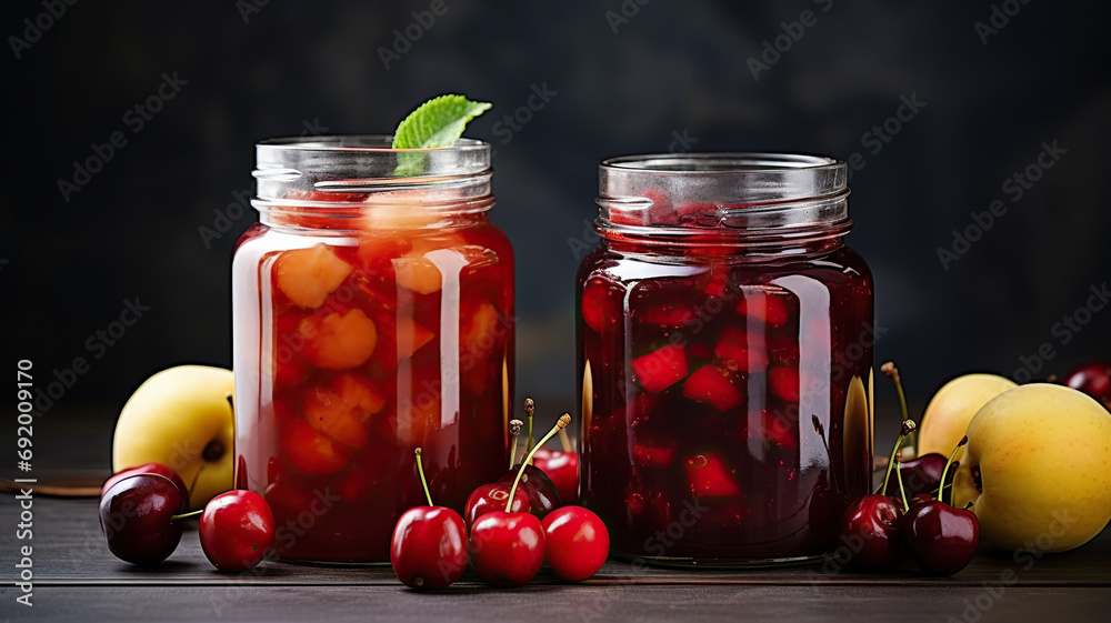 Quince, juicy cherries and homemade appetizing jam close-up on a dark background. Healthy and wholesome food concept. Still life. Quince, juicy cherries and homemade appetizing jam close-up on a dark background. Healthy and wholesome food concept. Still life.