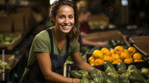 A radiant woman stands proudly in her local greengrocer, surrounded by vibrant fruits and vegetables, showcasing the beauty of natural and whole foods while radiating a contagious smile