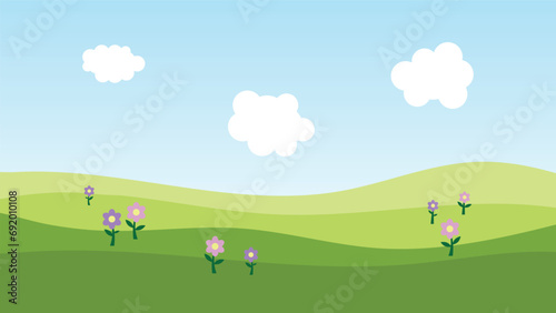 landscape cartoon scene with green field and white cloud in summer blue sky background