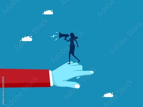 Blame others. Businesswoman speaking in a megaphone on shrugging hand pointing forward. vector