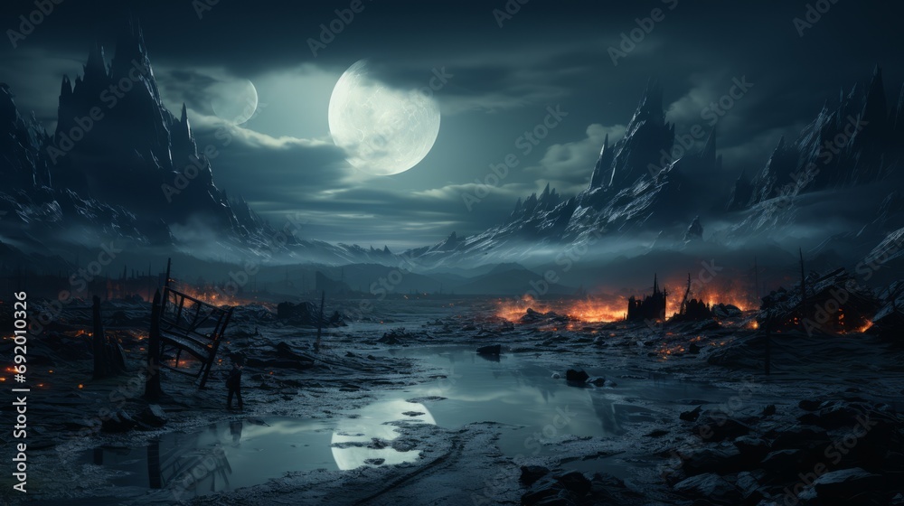 A serene winter night under a starlit sky, where the mountains meet the moon and the snow-covered landscape glows in its ethereal light A serene winter night under a starlit sky, where the mountains meet the moon and the snow-covered landscape glows in its ethereal light