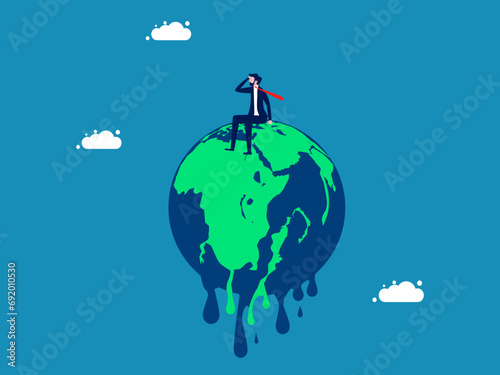 Sad from climate change. Businessman sleeping on a melting earth. Vector illustration
