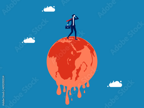 Climate change concept. Businessman on a melting earth. Vector illustration