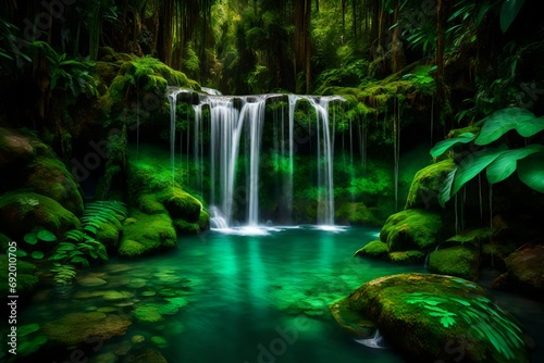 Crystal-clear waterfall cascading into an emerald pool amidst vibrant greenery.