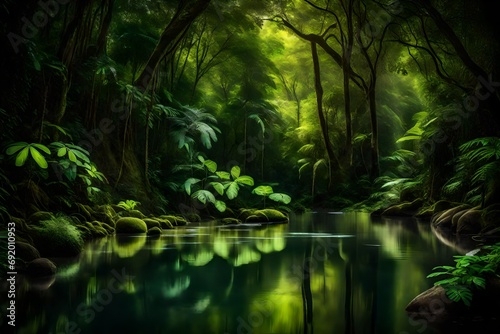 Pristine rainforest river gently reflecting the lush foliage along its tranquil banks. © colorful imagination