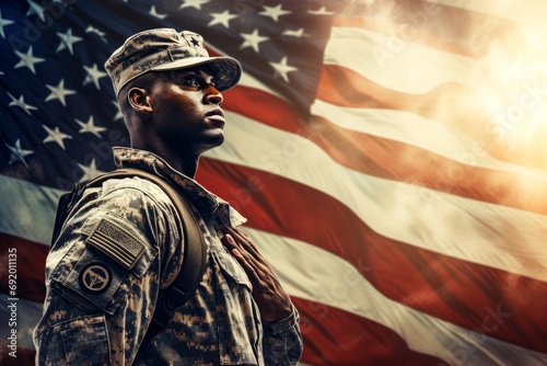 US soldier in the battle field saluting in front of the United States of America flag background. Memorial day and independence day concept photo