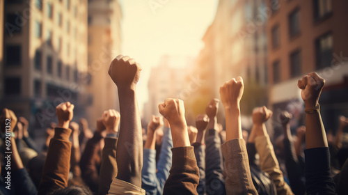 Multicultural group raises fists in a powerful expression of empowerment, symbolizes the collective spirit of a community advocating for equality and social justice. photo