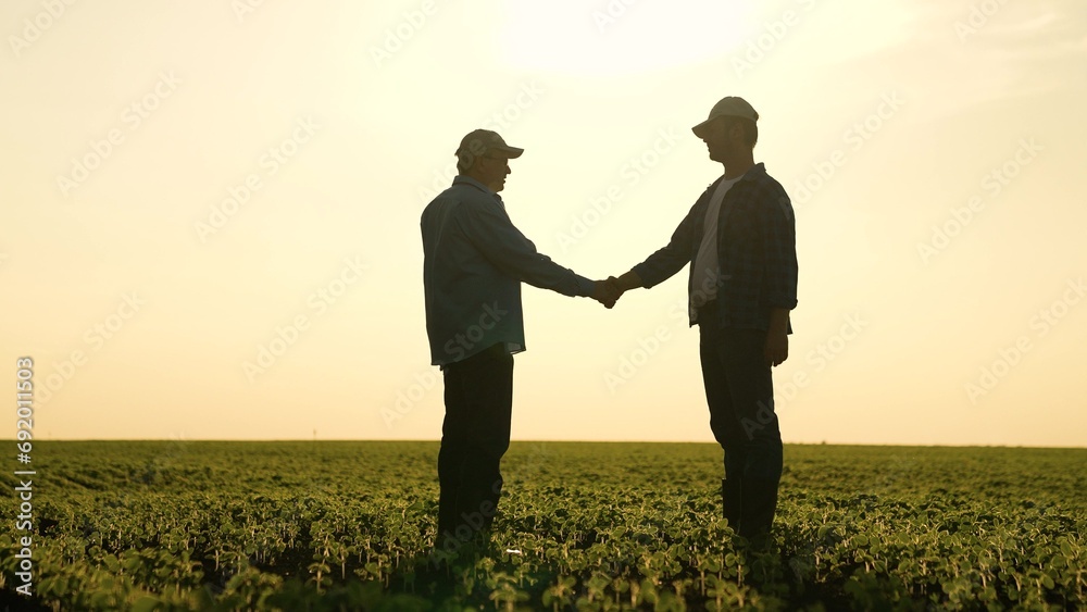 group working farmers shaking hands sunset. negotiate deal sunset field. create business together. eco nature. agriculture concept. business agriculture. hands shake sunset. businessman makes a deal.