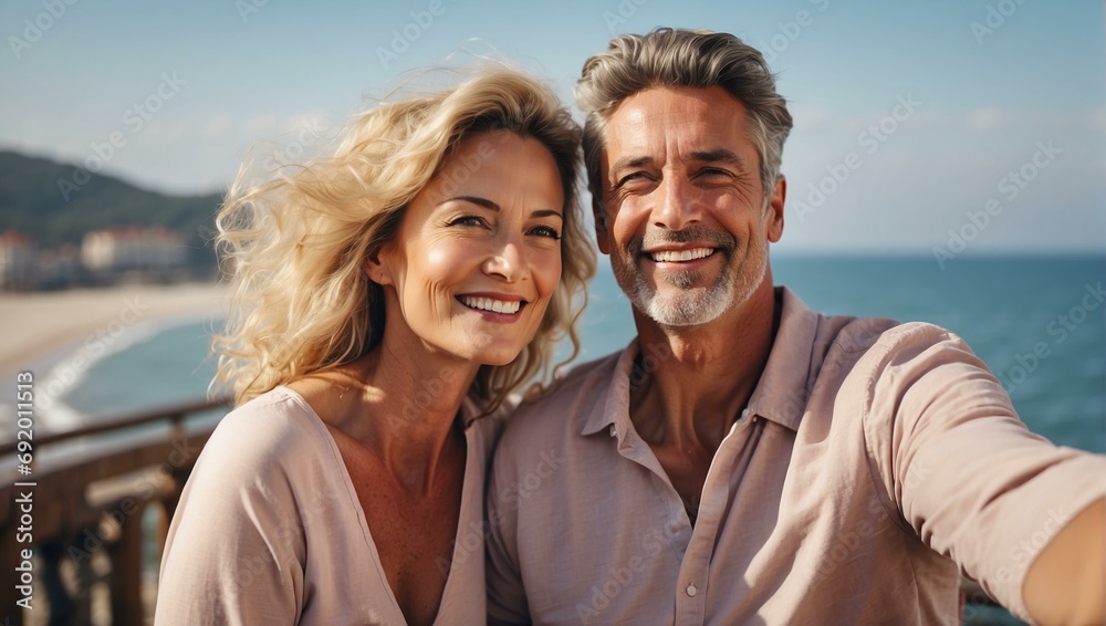 A happy middle-aged couple is relaxing at the sea together. A man and a woman smile for a selfie A happy middle-aged couple is relaxing at the sea together. A man and a woman smile for a selfie