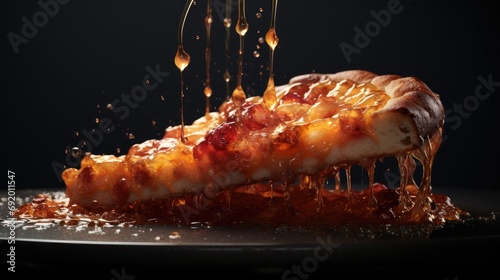 A piece of pizza. A piece of food in oil. 