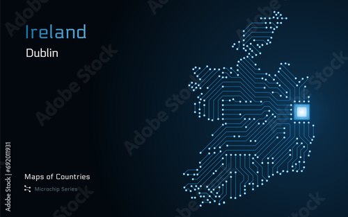 Ireland Map with a capital of Dublin Shown in a Microchip Pattern with processor. E-government. World Countries vector maps. Microchip Series