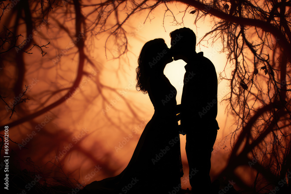 Valentine's kiss in silhouette, as the couple's tender embrace creates a beautiful play of shadows. Romance shared between two people in a moment of love.