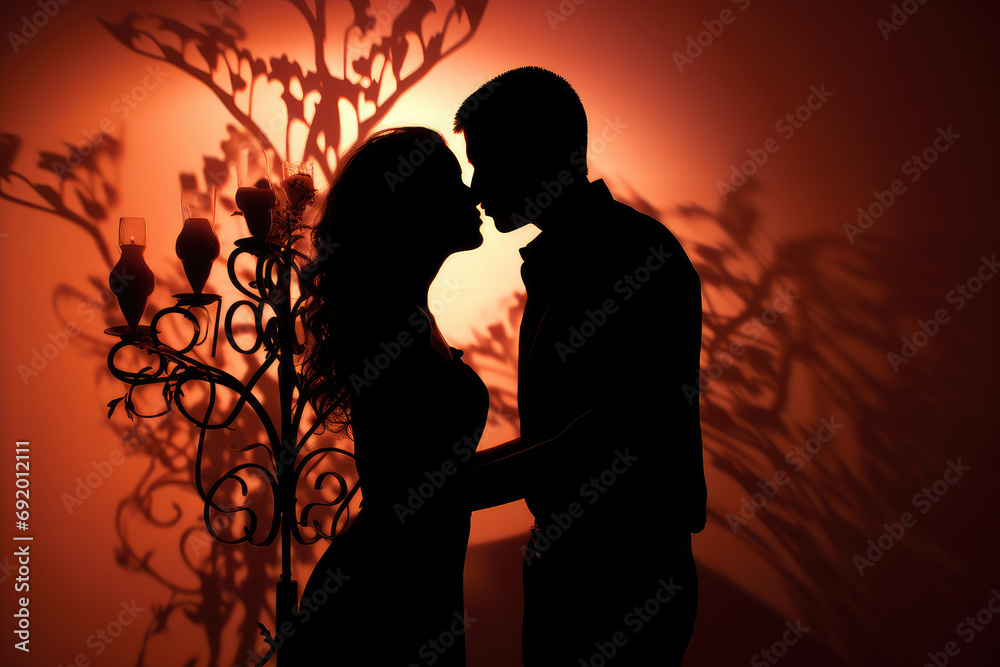 Valentine's kiss in silhouette, as the couple's tender embrace creates a beautiful play of shadows. Romance shared between two people in a moment of love.
