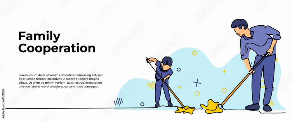 World Kindness Day vector illustration of father and son working together to clean the floor. Modern flat in continuous line style.