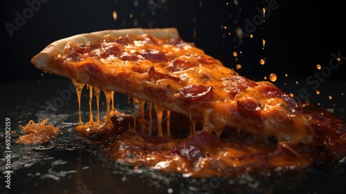 A piece of pizza. A piece of food in oil.  photo