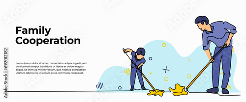 World Kindness Day vector illustration of father and son working together to clean the floor. Modern flat in continuous line style.
