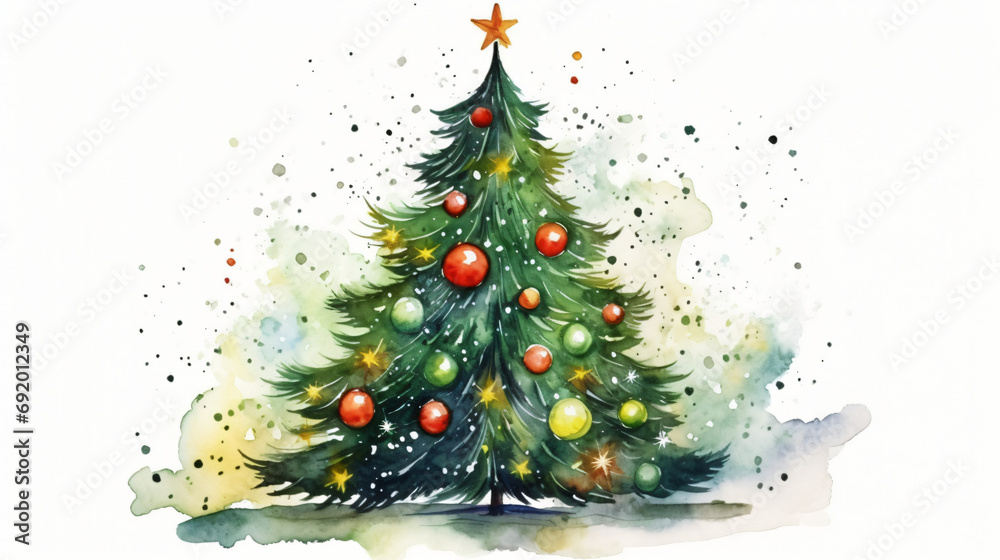 Watercolor illustration decorated Christmas tree light