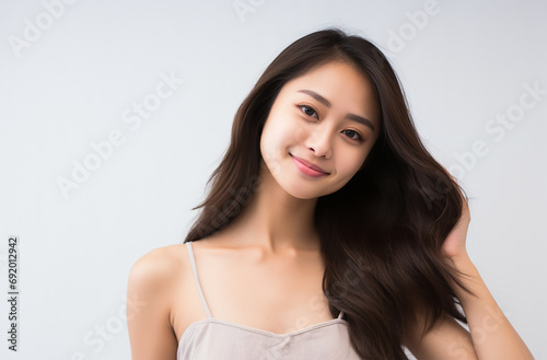 Beautiful Asian Model  Smiling at Camera  White Background