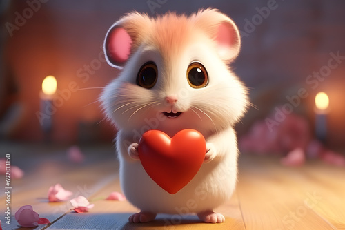 Valentine's Day concept theme 3D render of a cute hamster holding a heart,