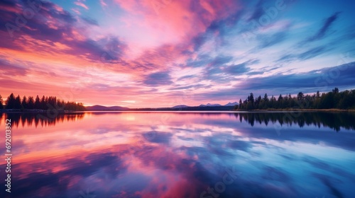 A crystal-clear lake reflecting the pink and blue hues of the evening sky.