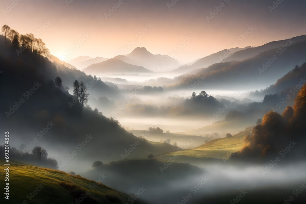 Misty morning in a serene valley, where distant hills emerge through the soft haze