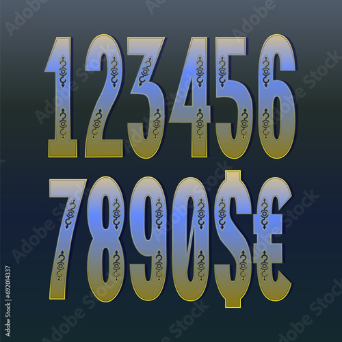 Vintage gradient numbers and currency signs witn decor. Typography style for price tag design.