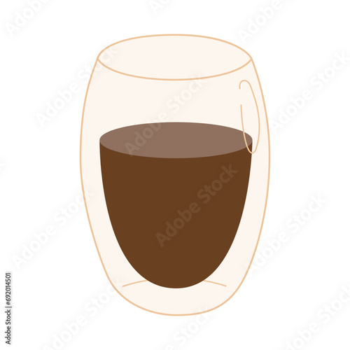 Coffee in a transparent double wall glass. Modern flat vector illustration isolated on white background